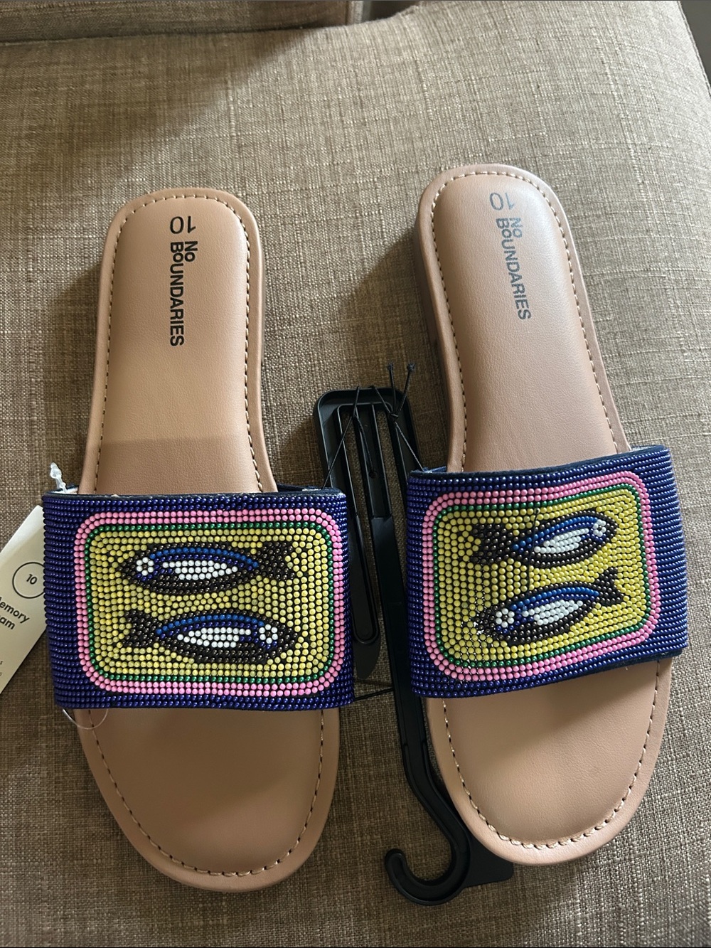 No Boundaries Pink Slide Sandals with Multicolor Beaded Fish Motif